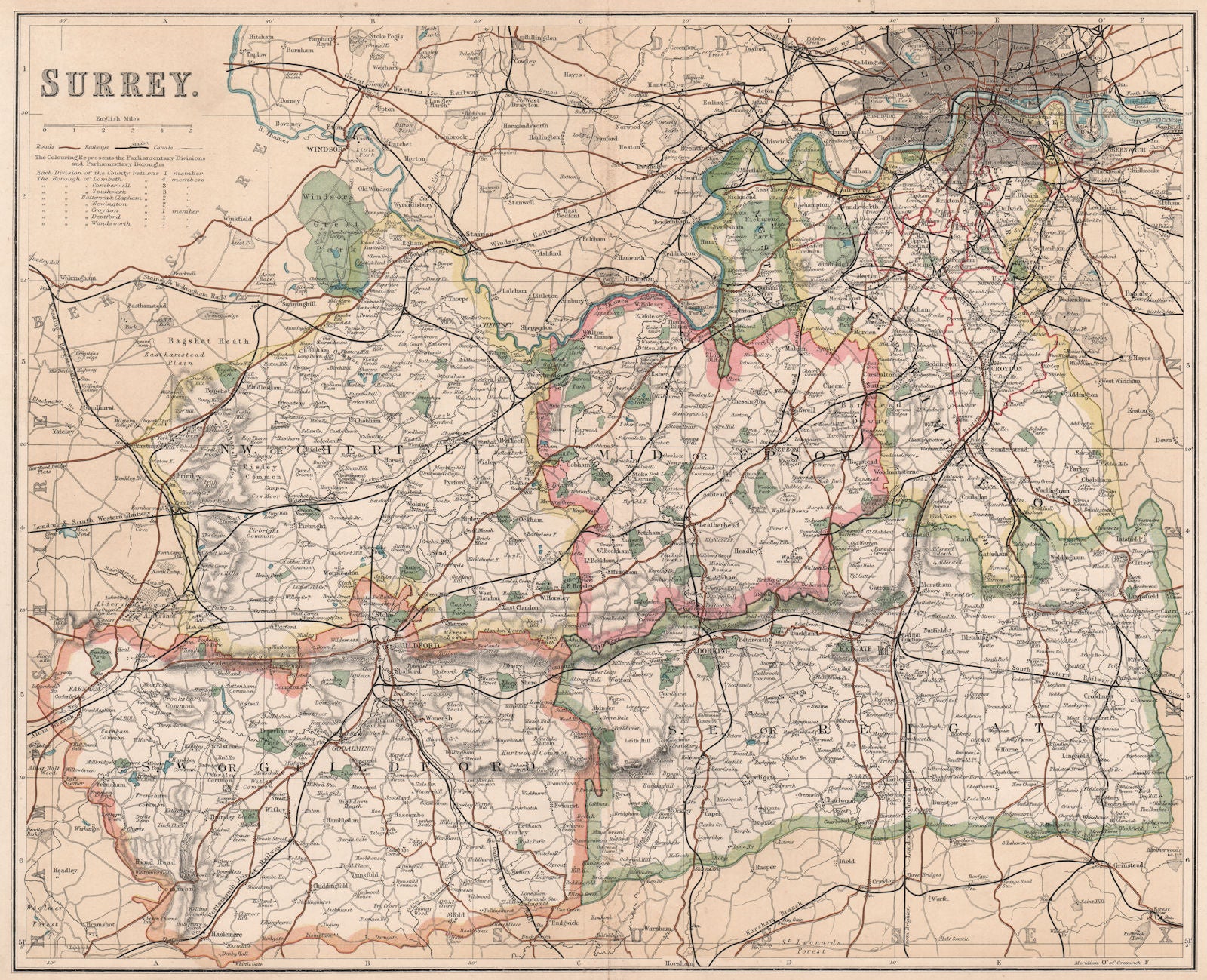 SURREY / SOUTH LONDON. County map . Divisions & constituencies. PHILIP 1902